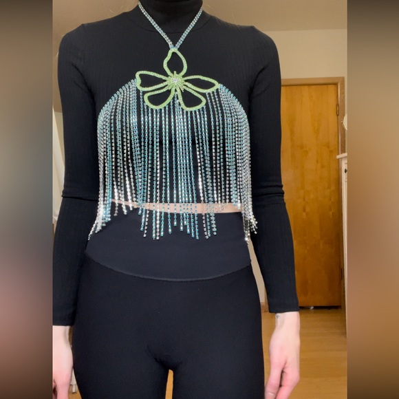 Blue & Green Rhinestone Flower Halter Top - Picture 5 of 9